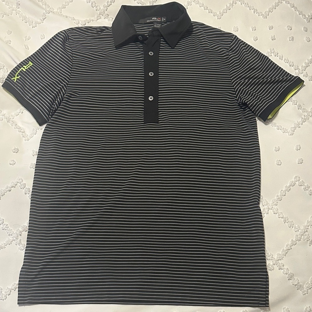 Ralph Lauren RLX men’s polo shirt size medium as new condition black striped.